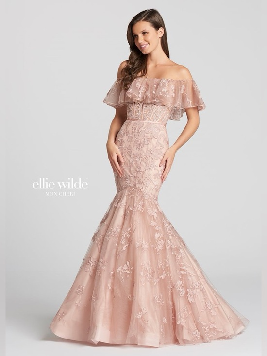 ellie wilde Dresses & Skirts - NWOT- Ellie Wilde Mon Cheri Blush Pink Off-Shoulder Lace Mermaid Gown